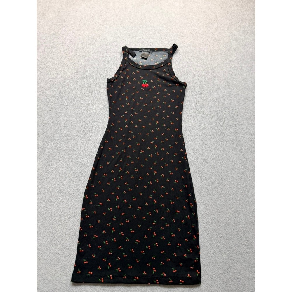 Forever 21 Black Cherry Print Ribbed Bodycon Midi Dress Sleeveless XS